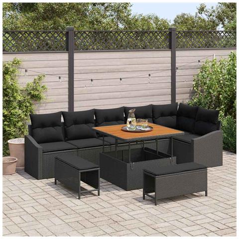 Set di Divani da Giardino  9 Pezzi con Cuscini Nero Polyrattan Acacia, Divano da Giardino  2 Posti con Cuscini Nero Polyrattan, Set da Pranzo da Giardino  3 Pezzi con Cuscini Nero Polyrattan Acacia - Foto 2