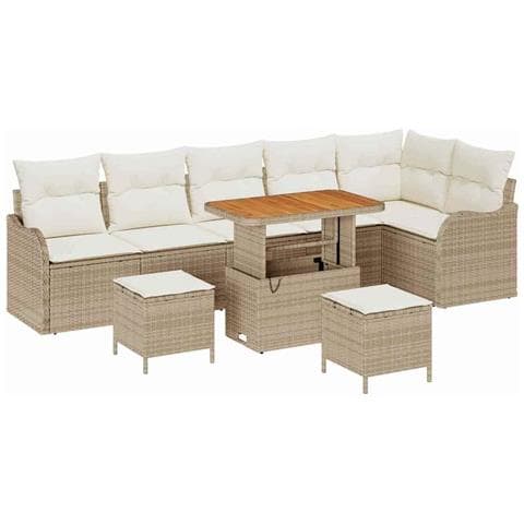 Set di divani da giardino da 9 pezzi con cuscini in rattan sintetico beige in acacia,  Divano da giardino per 2 persone con cuscini in rattan sintetico beige,  Set da pranzo da giardino da 3 pezzi con cuscini in rattan sintetico beige in acacia - Foto 1