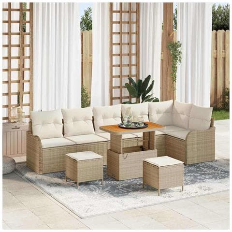Set di divani da giardino da 9 pezzi con cuscini in rattan sintetico beige in acacia,  Divano da giardino per 2 persone con cuscini in rattan sintetico beige,  Set da pranzo da giardino da 3 pezzi con cuscini in rattan sintetico beige in acacia - Foto 2