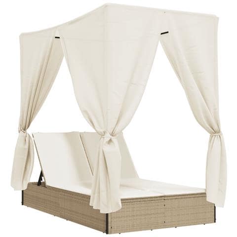 Lettino Prendisole con Tetto e Tende Beige in Polyrattan - Foto 1