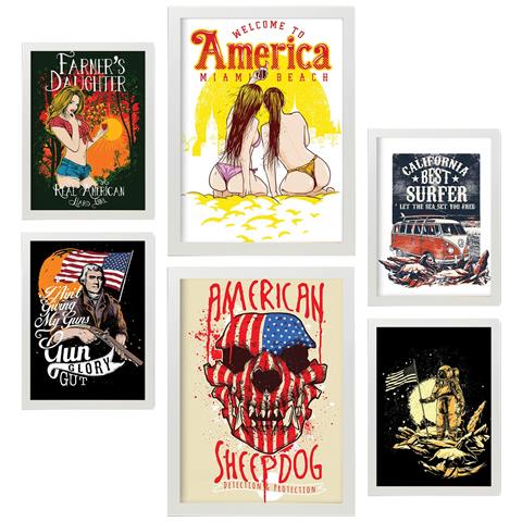 Set Di 6 Stampe America In Citazioni Rustiche Dipinti Decorativi Estetici Per Il Tuo Soggiorno, Camera Da Letto, Casa A3 & A4 Cornice Bianca - Foto 1