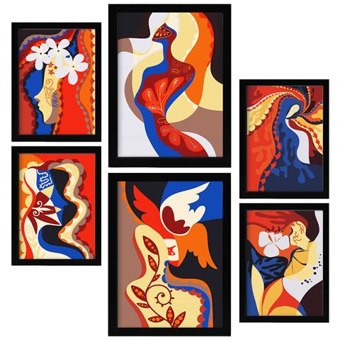 Set Di 6 Stampe Padronanza Entusiasta Nella Pittura Decorativa Estetica Astratta Femminile Per La Tua Casa A3 & A4 Cornice Nera - Foto 1