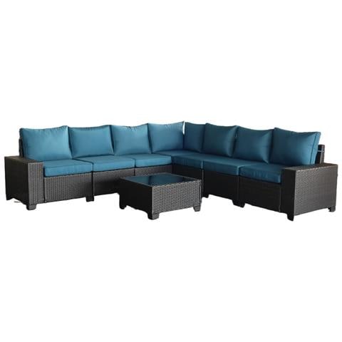 Lazaro Mobili Da Giardino Angolari A 7 Posti In Resina Intrecciata Con Tavolo Grigio E Blu - Foto 1
