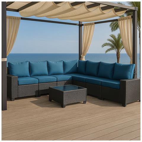 Lazaro Mobili Da Giardino Angolari A 7 Posti In Resina Intrecciata Con Tavolo Grigio E Blu - Foto 2