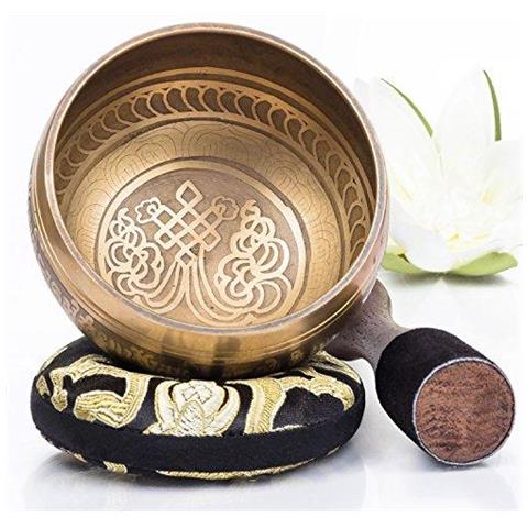 Silenzioso Mente Tazza Tibetana Cantante Set Bronzo Mantra Design Con Doppio Superficie Mallet E Seta Cuscino Promuove La Pace Chakra Healing E Mindfulness Regalo Exquisite - Foto 1
