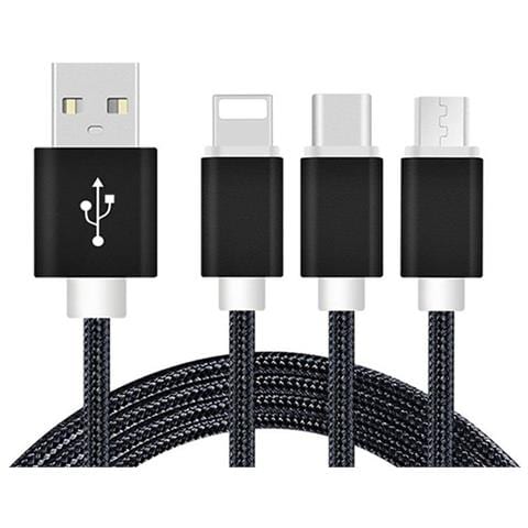 Cavo di Ricarica 2A 3in1 Micro USB / Lightning / USB-C 1.2m Nylon - Nero - Foto 1