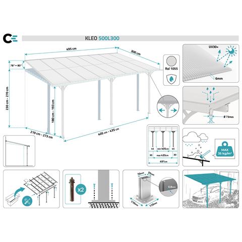 Tettoia Per Terrazza, Auto Addossata Kleo 500l300 Alluminio Bianco - Foto 11