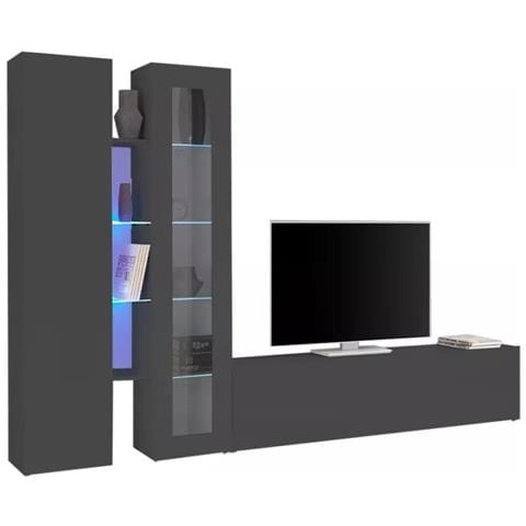 Parete Attrezzata Dimitri, Set Salotto Porta Tv A 3 Ante, Mobile Soggiorno Multiuso Con Vetrina E Luce Led, 100% Made In Italy, Cm 280x30h180, Antracite - Foto 4
