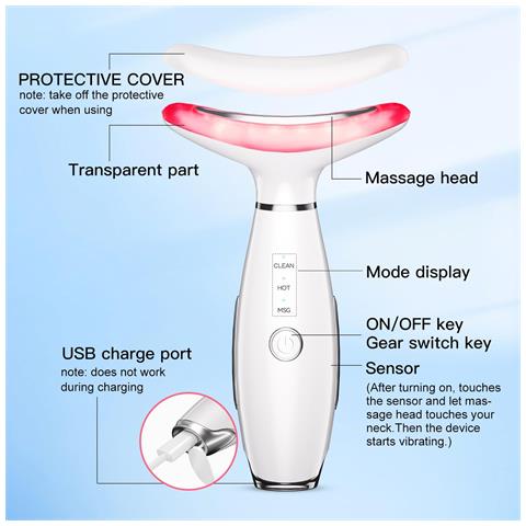 Massaggiatore Viso E Collo 7 In 1 Con Led A Tripla Azione, Tecnologie Termiche E Di Vibrazione, Dispositivo Per Il Ringiovanimento Della Pelle In 7 Colori - Bianco - Foto 2