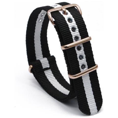 Cinturino In Nylon Con Fibbia Ovale Dorata Black+white 22 Mm - Foto 1