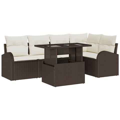 Set divani da giardino con cuscini marrone polirattan in 6 pezzi, Divano giardino a 2 posti con spazio di stoccaggio e cuscini marrone polirattan - Foto 1