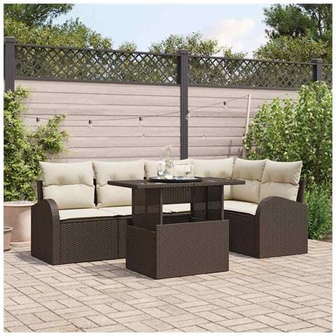 Set divani da giardino con cuscini marrone polirattan in 6 pezzi, Divano giardino a 2 posti con spazio di stoccaggio e cuscini marrone polirattan - Foto 2