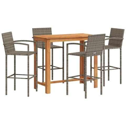 Set Bar Giardino 5pz Grigio Legno Massello Acacia e Polyrattan - Foto 1