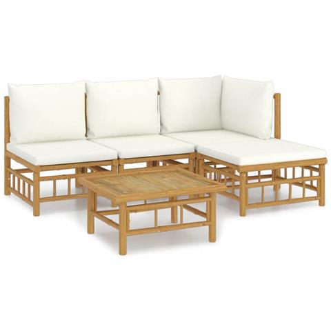 Set Salotto da Giardino 5pz con Cuscini Bianco Crema in Bambù - Foto 1