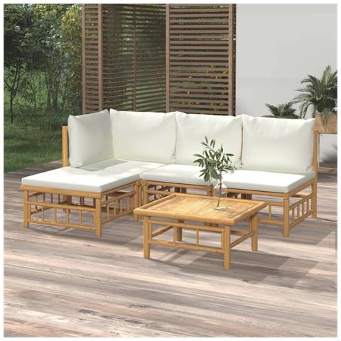 Set Salotto da Giardino 5pz con Cuscini Bianco Crema in Bambù - Foto 2