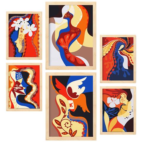 Set Di 6 Stampe Padronanza Entusiasta Nella Pittura Decorativa Estetica Astratta Femminile Per La Tua Casa A3 & A4 Telaio In Legno Chiaro - Foto 1