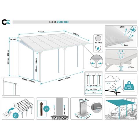 Tettoia Per Terrazza, Auto Addossata Kleo 450l300 Alluminio Bianco - Foto 11