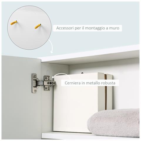 Specchiera Bagno a Parete con Anta e 3 Ripiani Laterali in Legno, 60x18x50cm, Bianco - Foto 6