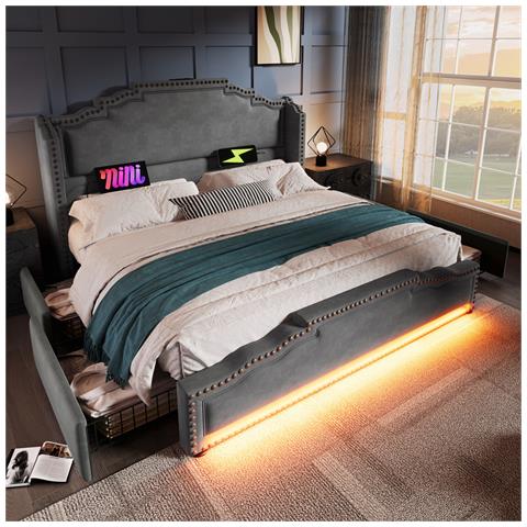 Letto Imbottito 180×200, Letto Matrimoniale Con 4 Cassetti, Letto Contenitore E Letto Per Ragazzi , Grigio - Foto 2