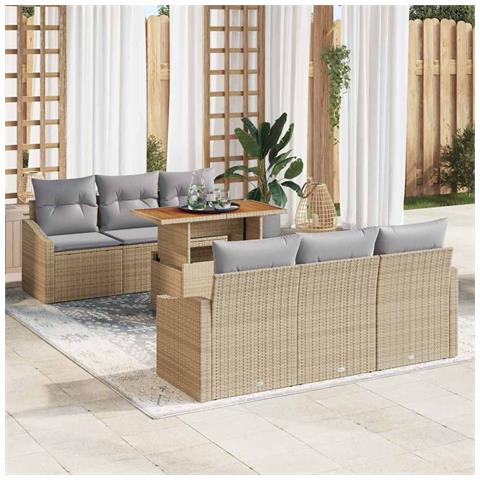 Set da Pranzo da Giardino 7 Pezzi con Cuscini Beige Rattan Poliestere Acacia - Foto 2