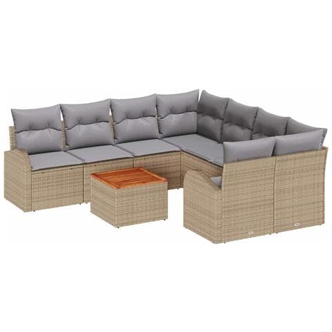 Set di divani da giardino 9 pezzi con cuscini Beige Polyrattan Acacia, Divano da giardino 2 posti con spazio di stoccaggio e cuscini Beige Polyrattan - Foto 1