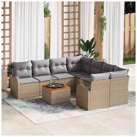 Set di divani da giardino 9 pezzi con cuscini Beige Polyrattan Acacia, Divano da giardino 2 posti con spazio di stoccaggio e cuscini Beige Polyrattan - Foto 2