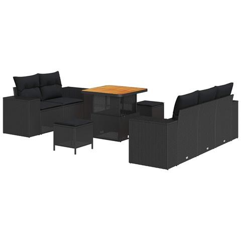 Set divano da giardino 8 pezzi con cuscini nero polyrattan acacia, Set da pranzo da giardino 3 pezzi con cuscini nero polyrattan acacia - Foto 1