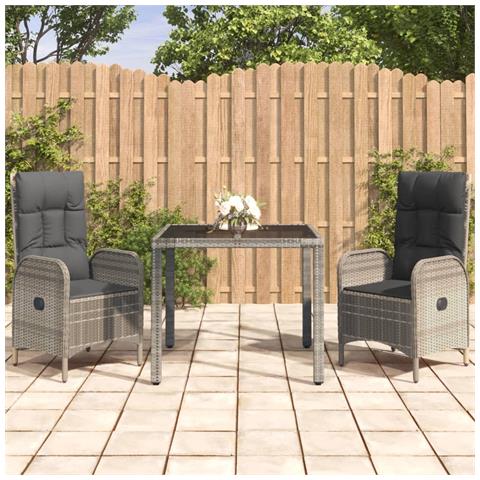 Set da Pranzo da Giardino 3 pz con Cuscini in Polyrattan Grigio - Foto 2