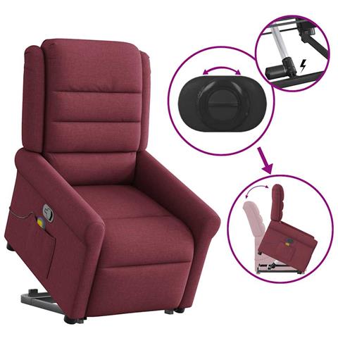 Poltrona Alzapersona Massaggio Reclinabile Rosso Vino Tessuto - Foto 9