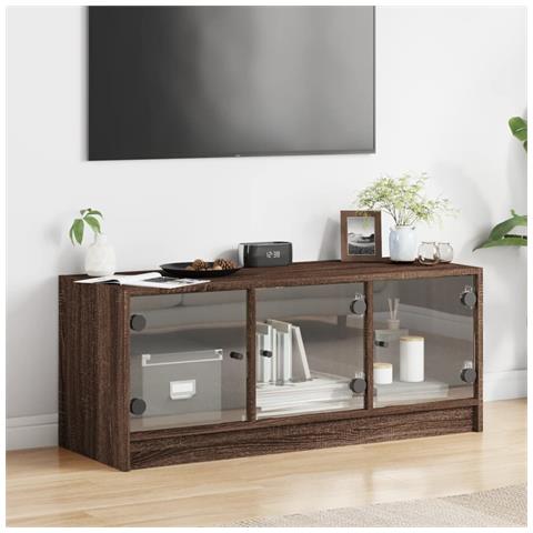 Mobile Porta Tv Con Ante In Vetro Rovere Marrone 102x37x42 Cm - Foto 3