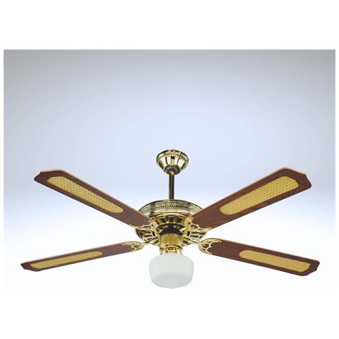 Ventilatore Da Soffitto Con Plafoniera 4 Pale In Legno Finitura Ottone E Paglia Diametro 130 Cm - Foto 1