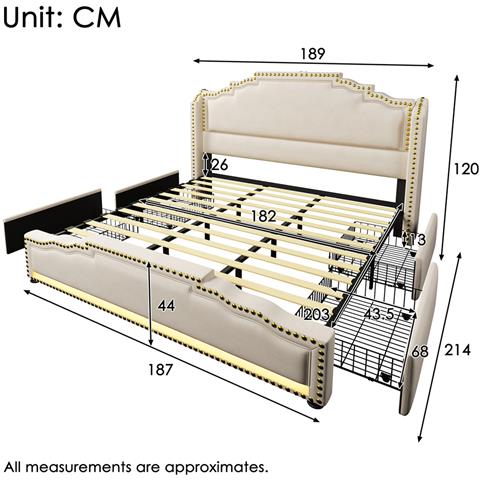 Letto Imbottito 180×200, Letto Matrimoniale Con 4 Cassetti, Letto Contenitore E Letto Per Ragazzi , Beige - Foto 2