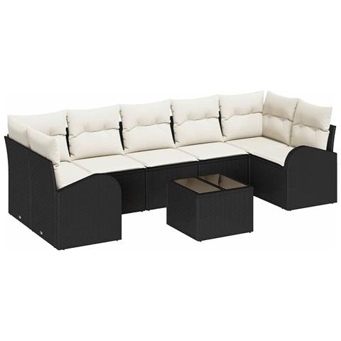 Set Divano da Giardino a 8 Pezzi con Cuscini Neri in Polyrattan, Divano da Giardino a 2 Posti con Spazio di Stoccaggio e Cuscini Neri in Polyrattan - Foto 1