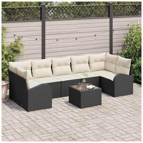 Set Divano da Giardino a 8 Pezzi con Cuscini Neri in Polyrattan, Divano da Giardino a 2 Posti con Spazio di Stoccaggio e Cuscini Neri in Polyrattan - Foto 2