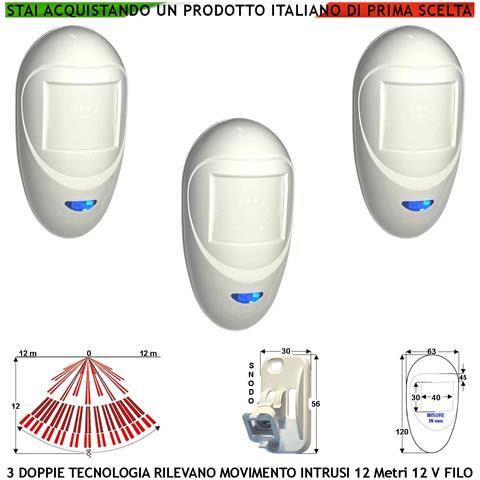 Sensore Di Movimento 3 Doppia Tecnologia Grandangolo X Antifurto Portata 12 Mt Da Interno Rileva Intruso Alim. 12 V As - Foto 1
