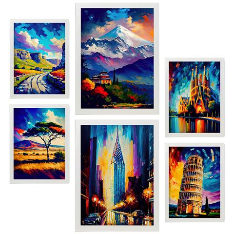 Set Di 6 Stampe Eredità In Stile Dipinto A Olio. Illustrazioni Di Monumenti E Città In Stile Fotografico A Colori. A3 & A4 Cornice Bianca - Foto 1