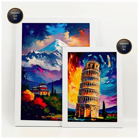 Set Di 6 Stampe Eredità In Stile Dipinto A Olio. Illustrazioni Di Monumenti E Città In Stile Fotografico A Colori. A3 & A4 Cornice Bianca - Foto 2