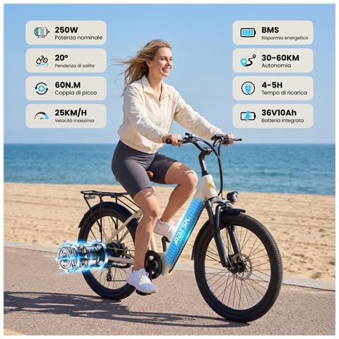 Bicicletta Elettrica 24 Pollici E-bike 250w Batteria 36v10ah Autononomia 30-60km Con Ripiani Su7- Beige - Foto 2