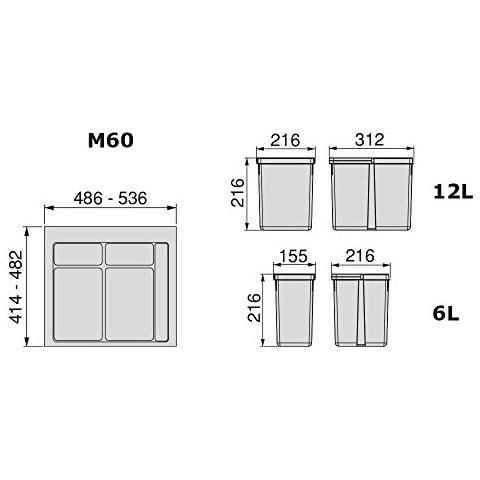 Pattumiere Per Cassetto, Contenitori Raccolta Differenziata Con Base Rifilabile, Kit Di Cestini Altezza 216mm Con Base 60cm - Foto 3