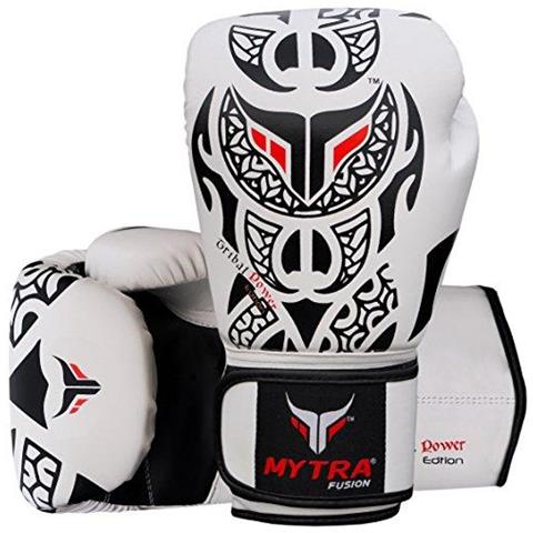 Mytra Tribal Fusion Potere Di Boxe Guanti Di Pelle Sintetica Sl3 Bianco Nero 14 Oz - Foto 2