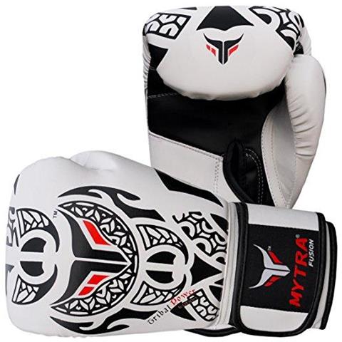 Mytra Tribal Fusion Potere Di Boxe Guanti Di Pelle Sintetica Sl3 Bianco Nero 14 Oz - Foto 4