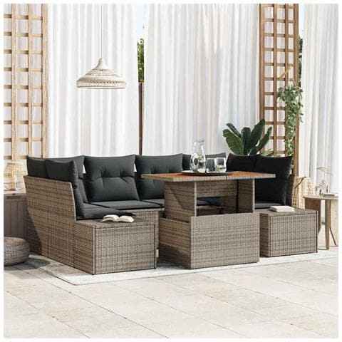 Set da pranzo da giardino 7 pezzi con cuscini grigi in polyrattan e acacia - Foto 2