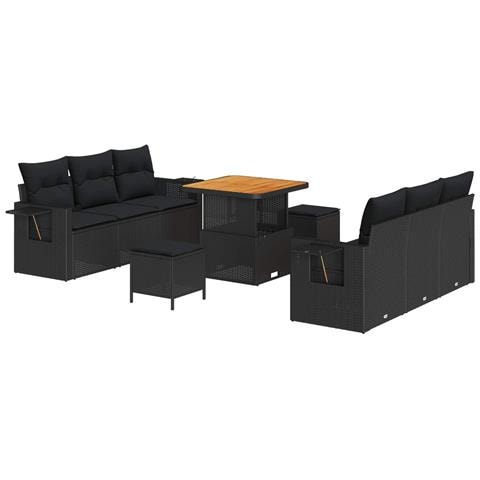 Set di divani da giardino  9 pezzi con cuscini Nero Polyrattan Acacia, Set da pranzo da giardino  3 pezzi con cuscini Nero Polyrattan Acacia - Foto 1