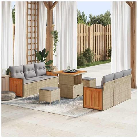 Set di divani da giardino 9 pezzi con cuscini Beige Polyrattan Acacia, Set da pranzo da giardino 3 pezzi con cuscini Beige Polyrattan Acacia - Foto 2