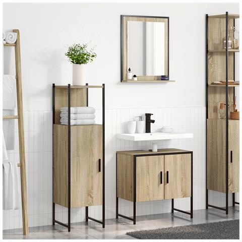 Set di Mobili per Bagno 3 Pezzi in Legno Ingegnerizzato Sonoma Oak, Specchio da Bagno  con Mensola Sonoma Oak 50x12x60 cm Legno Ingegnerizzato - Foto 2