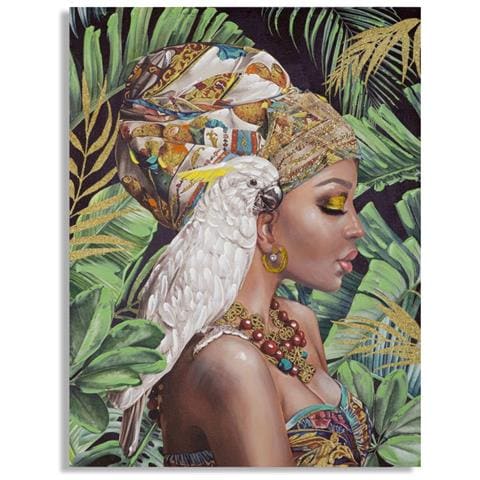 Dipinto Su Tela Kloe Verticale, Ritratto Femminile Con Cacatua E Vegetazione Tropicale - Foto 1