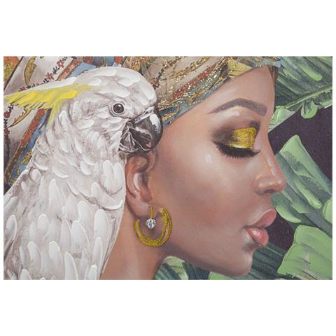 Dipinto Su Tela Kloe Verticale, Ritratto Femminile Con Cacatua E Vegetazione Tropicale - Foto 2