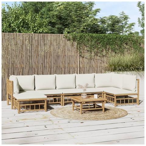 Set Salotto Da Giardino 8pz Con Cuscini Bianco Crema In Bambù - Foto 8