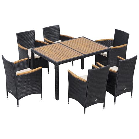 Set Tavolo E Sedie Da Giardino 7 Pezzi In Pe Rattan E Legno Con Cuscini Morbidi, Nero - Foto 1