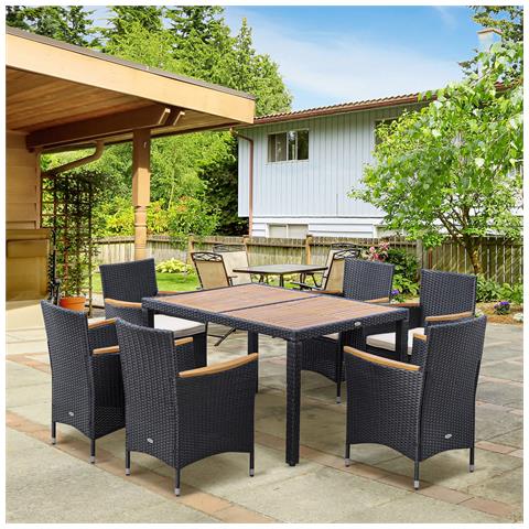Set Tavolo E Sedie Da Giardino 7 Pezzi In Pe Rattan E Legno Con Cuscini Morbidi, Nero - Foto 6